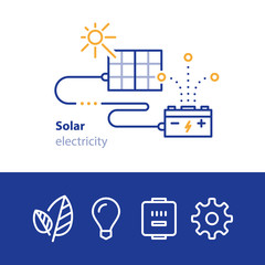 Sun energy, panels and accumulator, solar electricity icons