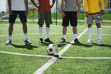 partial view of soccer team standing on pitch with goblet and ball on foreground