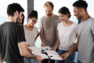 Team of businessmen work together for one goal. Concept of unity and partnership