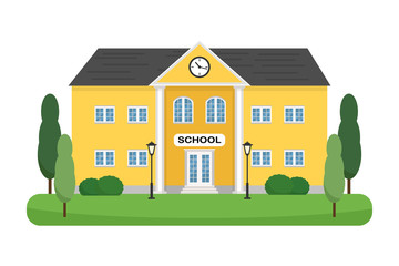 School building with trees, shrubs and lampposts vector illustration. Can be used for web banner, backdrop. Layout template.