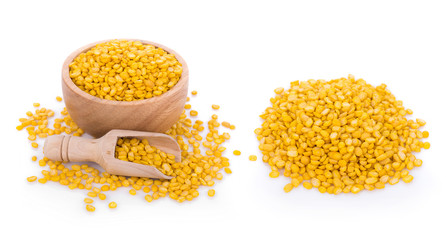 peeled split mung bean isolated on white background