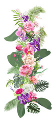 Floral tropical vertical border of roses, carnations, orchids, pink, red, purple flowers, green leaves of coconut palm, twigs and berries. Digital draw in watercolor style, concept for design, vector