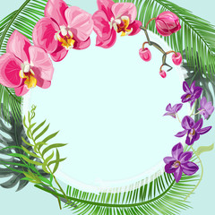 Tropical square card, round frame with bouquet red, purple orchids, flowers and buds, green palm, bamboo, monstera leaves on blue background, digital draw illustration, template for design, vector