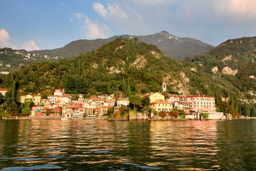 Fototapeta na wymiar View of Varenna from the water in Lake Como Italy
