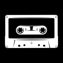 Obraz premium White silhouette of audio cassette on black background. vector illustration