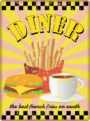 retro diner sign, with french fries, burgers and coffee. vector.