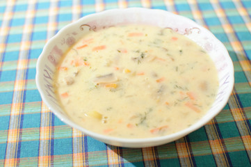 Mushroom cream soup in white bowl, top view