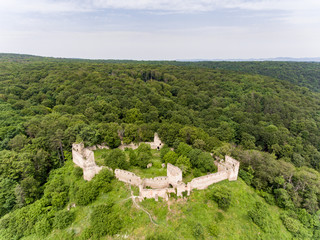 Aerial view of Saschiz fortress in Saschiz Saxon Village, Transylvania