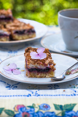 Blackcurrant coconut slice with tea
