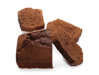Chocolate bread, cake with flakes isolated on white background