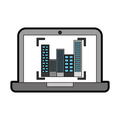 laptop with buildings cityscape scene vector illustration design