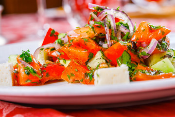 Vegetable salad with cheese on white plate