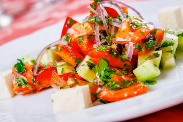 Vegetable salad with cheese on white plate