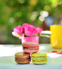 multicolored macaroons on a white wooden table