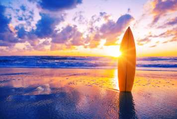 Surfboard on the beach at sunset - obrazy, fototapety, plakaty