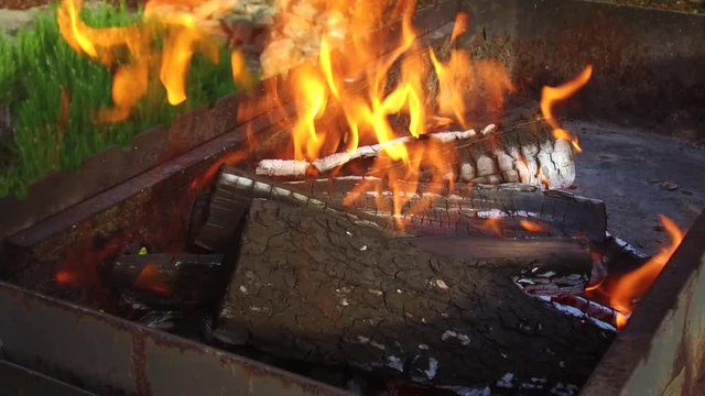 firewood burning in brazier outdoors