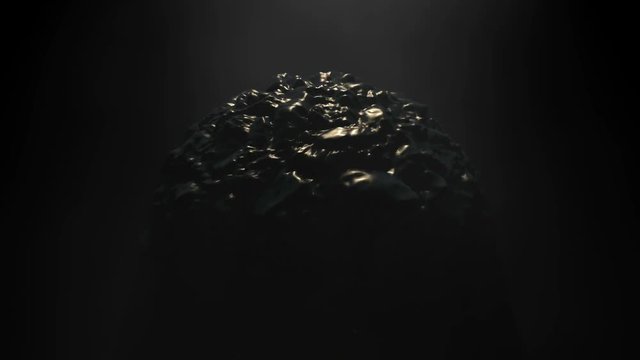 An abstract glossy black ball rotating and shifting shape in a pulsing motion on a dark background with a spotlight - 3D render