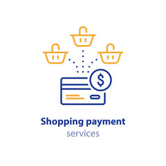 Combined order payment, shopping concept, basket icon and credit card