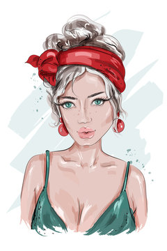 Beautiful Pin Up girl. Hand drawn fashion woman. Young woman dressed in pin-up style. Fashion woman portrait. Sketch. Vector illustration.
