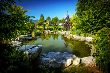 Fototapeta na wymiar Garden Backyard Pond with Adirondack Chair Set