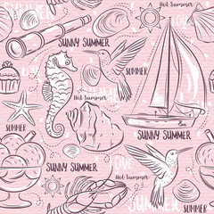 Seamless Patterns with  summer symbols, boat, sea horse, telescope, ice cream, hummingbird  on a pink  background, vector illustration.
