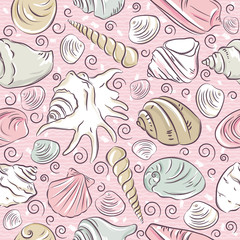 Seamless Patterns with  summer symbols, shellfish and clams  on  pink  background, vector illustration.
