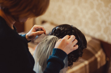Naklejka premium The bride is wearing a veil. Beautiful long veil of white color