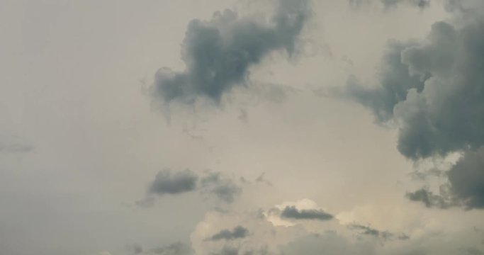 Time lapse clip of grey fluffy curly rolling clouds until storm