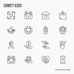 Charity and donation thin line icons set. Element for logo of nonprofit organizations, fundraising, crowdfunding and charity project. Vector illustration.