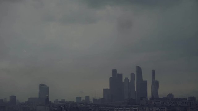 Rain in Moscow. View to modern buildings