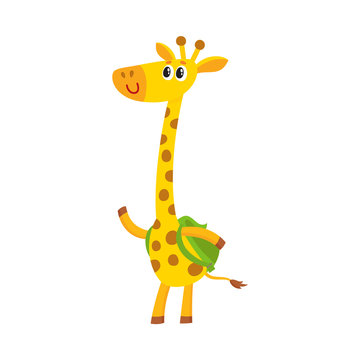 Cute little giraffe animal student character with backpack, back to school concept, cartoon vector illustration isolated on white background. Little giraffe student with backpack, greeting gesture