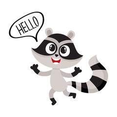 Cute raccoon character showing greeting gesture, saying hello, cartoon vector illustration isolated on white background.