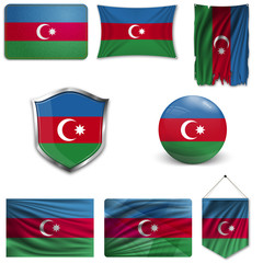 Set of the national flag of Azerbaijan in different designs on a white background. Realistic vector illustration.