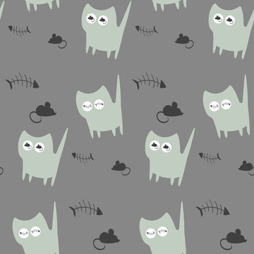 Seamless pattern with grey cats