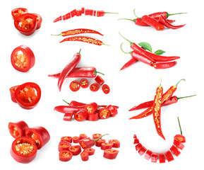 Collage of chili peppers on white background - obrazy, fototapety, plakaty