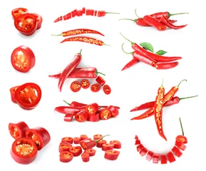 Papier Peint photo Piments forts Collage of chili peppers on white background