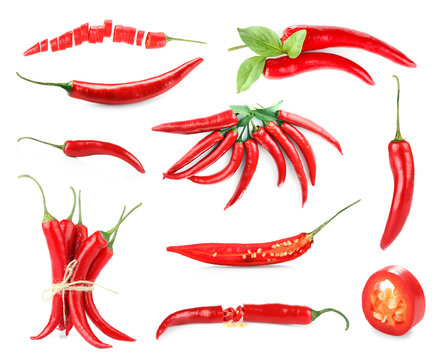 Collage of chili peppers on white background