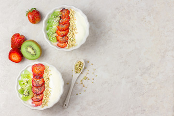 Green buckwheat breakfast bowl.  Top view copy space.