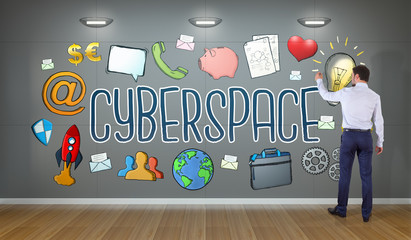 Businessman drawing social network sketch on a wall 3D rendering