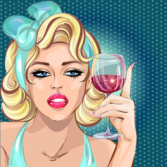 Pin up sexy blonde woman drinking wine, pop art girl portrait, celebrate look vector illustration - 163945384