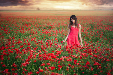 Fototapeta na wymiar Beauty woman in a red dress dancing poppy field at sunset, cleanliness and innocence, unity with nature
