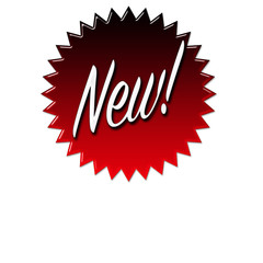 Modern web banner, spelling the word NEW, with a brilliant star design, Isolated against the white background.