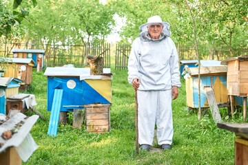 Shot of a professional senior male beekeeper wearing beekeeping suit standing in the garden of his...
