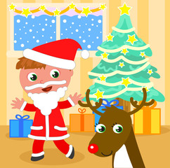 Santa Claus kid with reindeer vector