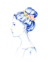 Naklejka premium Hand drawned watercolor woman's portrait with wreath. Abstract watercolor flowers and grass in pink and green. Woman's portrait with watercolor yellow and purple flowers. For advertisment case.