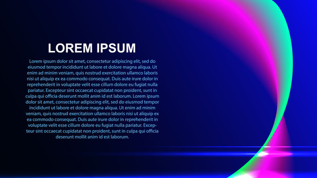 The background is blue with pink and green curved lines.