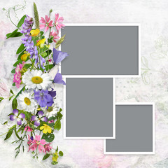 Vintage background with frames and a bouquet of summer meadow flower