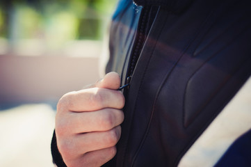 man wearing blue shirt and windbreaker jacket full zip hoodie © ViDi Studio