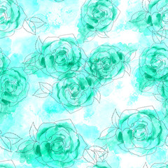 Seamless pattern of watercolor roses on teal texture