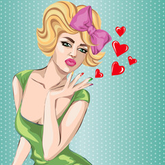 Valentines Day Pin-up sexy woman portrait with heart. Pop Art vector illustration